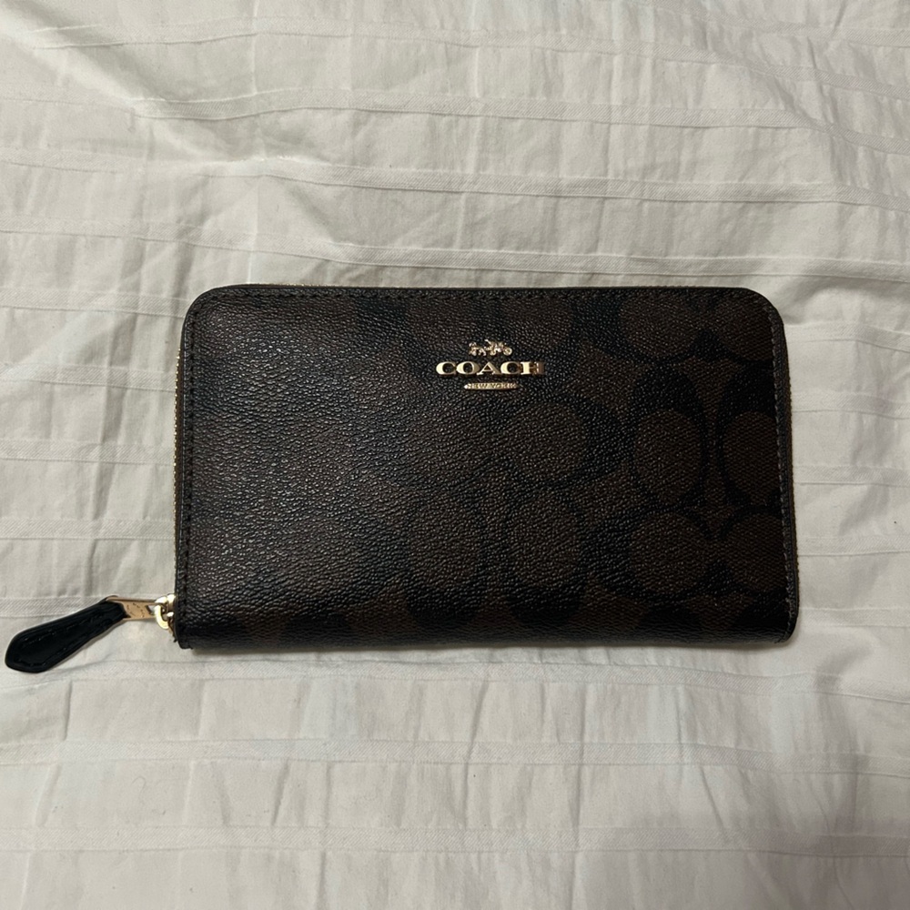 Coach Signature Brown and Black Zip Wallet